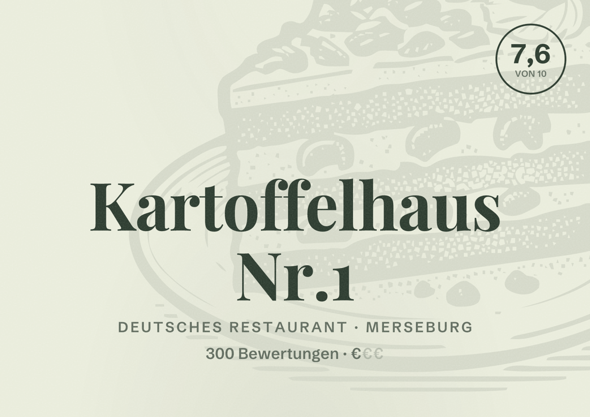 Illustriertes Poster von Kartoffelhaus Nr.1, Deutsches Restaurant in Merseburg: Bewertung 7,6 von 10 aus 300 Bewertungen, Preisniveau €