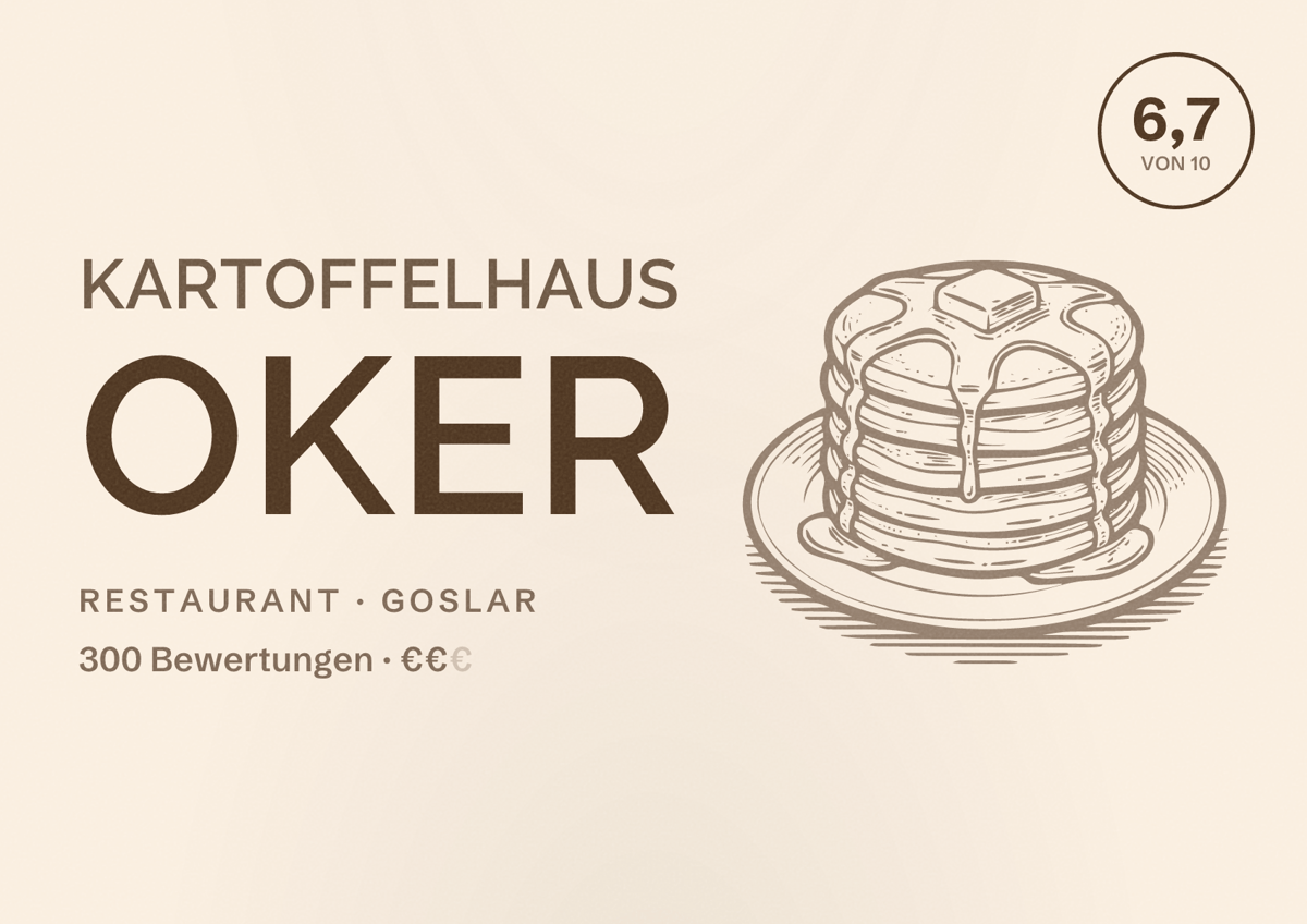 Illustriertes Poster von Kartoffelhaus Oker, Restaurant in Goslar: Bewertung 6,7 von 10 aus 300 Bewertungen, Preisniveau €€