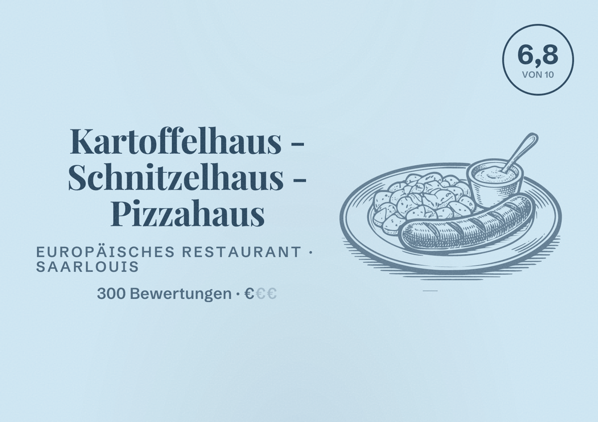 Illustriertes Poster von Kartoffelhaus - Schnitzelhaus - Pizzahaus, Europäisches Restaurant in Saarlouis: Bewertung 6,8 von 10 aus 300 Bewertungen, Preisniveau €