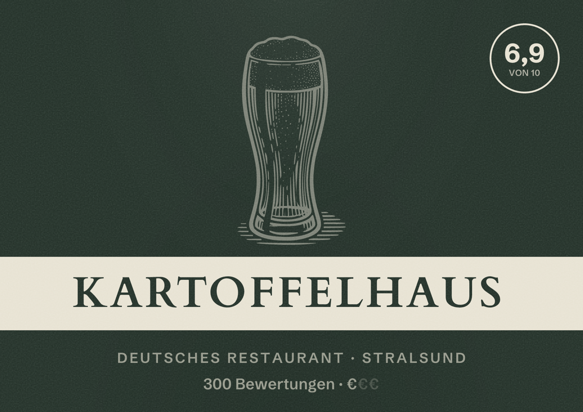 Illustriertes Poster von Kartoffelhaus, Deutsches Restaurant in Stralsund: Bewertung 6,9 von 10 aus 300 Bewertungen, Preisniveau €