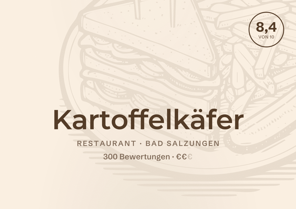 Illustriertes Poster von Kartoffelkäfer, Restaurant in Bad Salzungen: Bewertung 8,4 von 10 aus 300 Bewertungen, Preisniveau €€