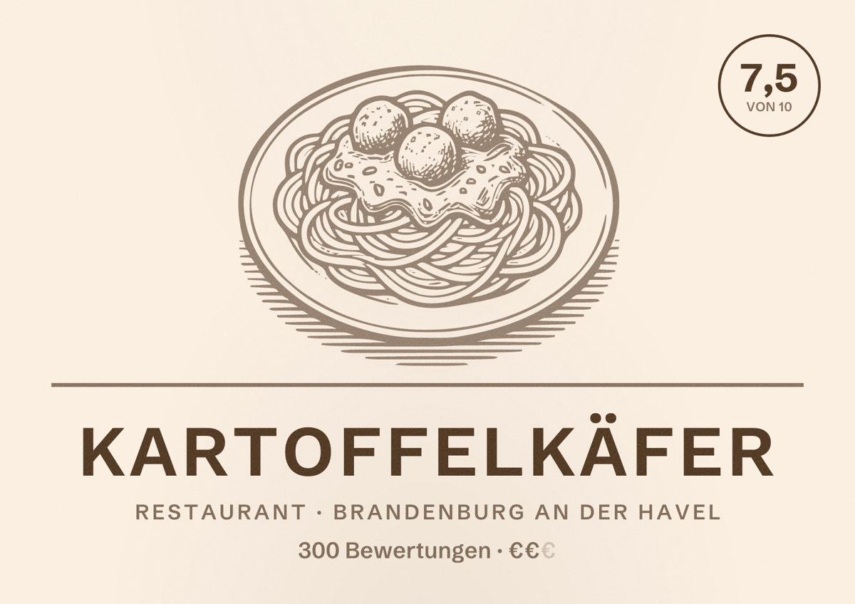 Illustriertes Poster von Kartoffelkäfer, Restaurant in Brandenburg an der Havel: Bewertung 7,5 von 10 aus 300 Bewertungen, Preisniveau €€