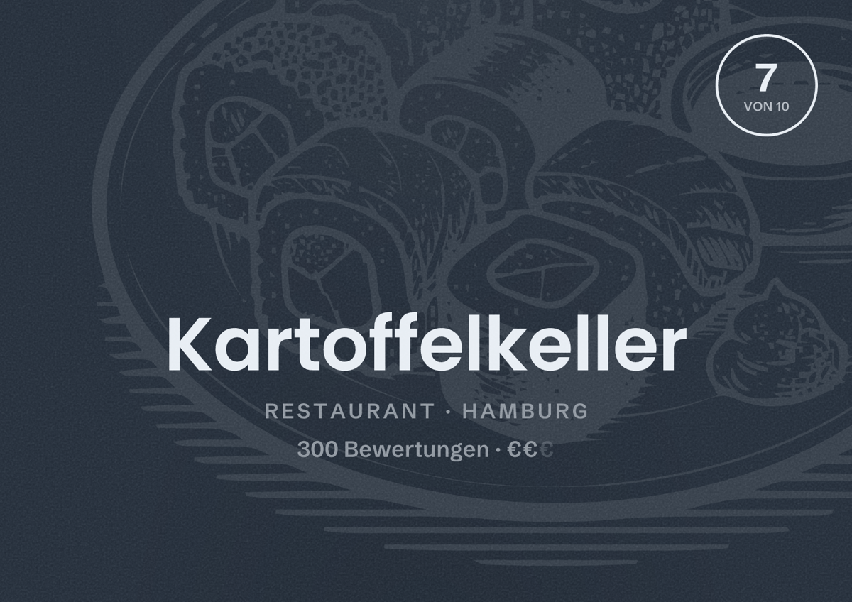 Illustriertes Poster von Kartoffelkeller, Restaurant in Hamburg: Bewertung 7 von 10 aus 300 Bewertungen, Preisniveau €€