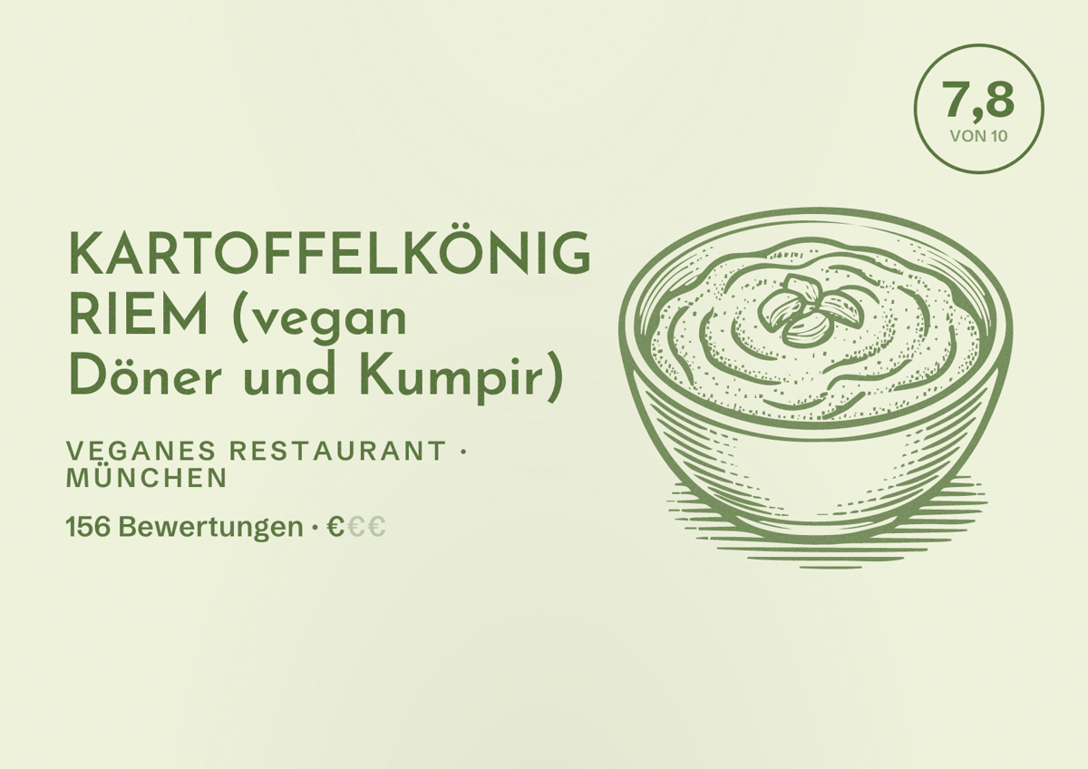 Illustriertes Poster von KARTOFFELKÖNIG RIEM (vegan Döner und Kumpir), Veganes Restaurant in München: Bewertung 7,8 von 10 aus 156 Bewertungen, Preisniveau €