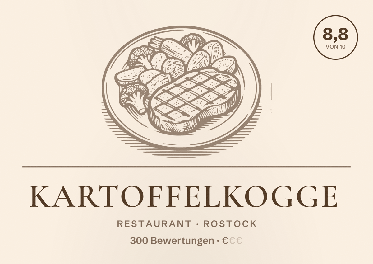 Illustriertes Poster von Kartoffelkogge, Restaurant in Rostock: Bewertung 8,8 von 10 aus 300 Bewertungen, Preisniveau €