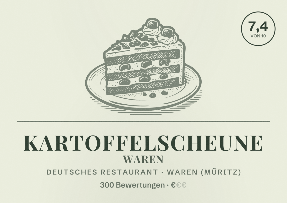 Illustriertes Poster von Kartoffelscheune Waren, Deutsches Restaurant in Waren (Müritz): Bewertung 7,4 von 10 aus 300 Bewertungen, Preisniveau €