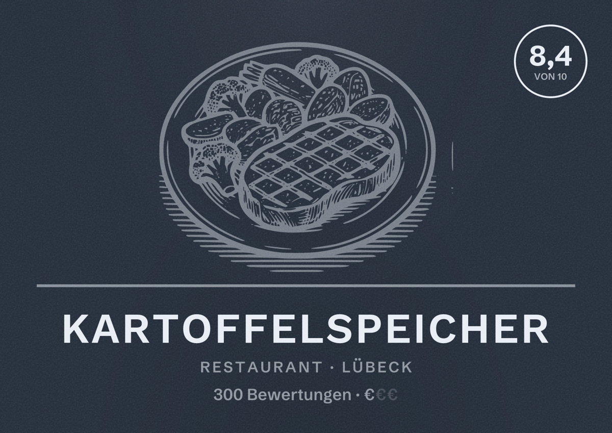 Illustriertes Poster von Kartoffelspeicher, Restaurant in Lübeck: Bewertung 8,4 von 10 aus 300 Bewertungen, Preisniveau €