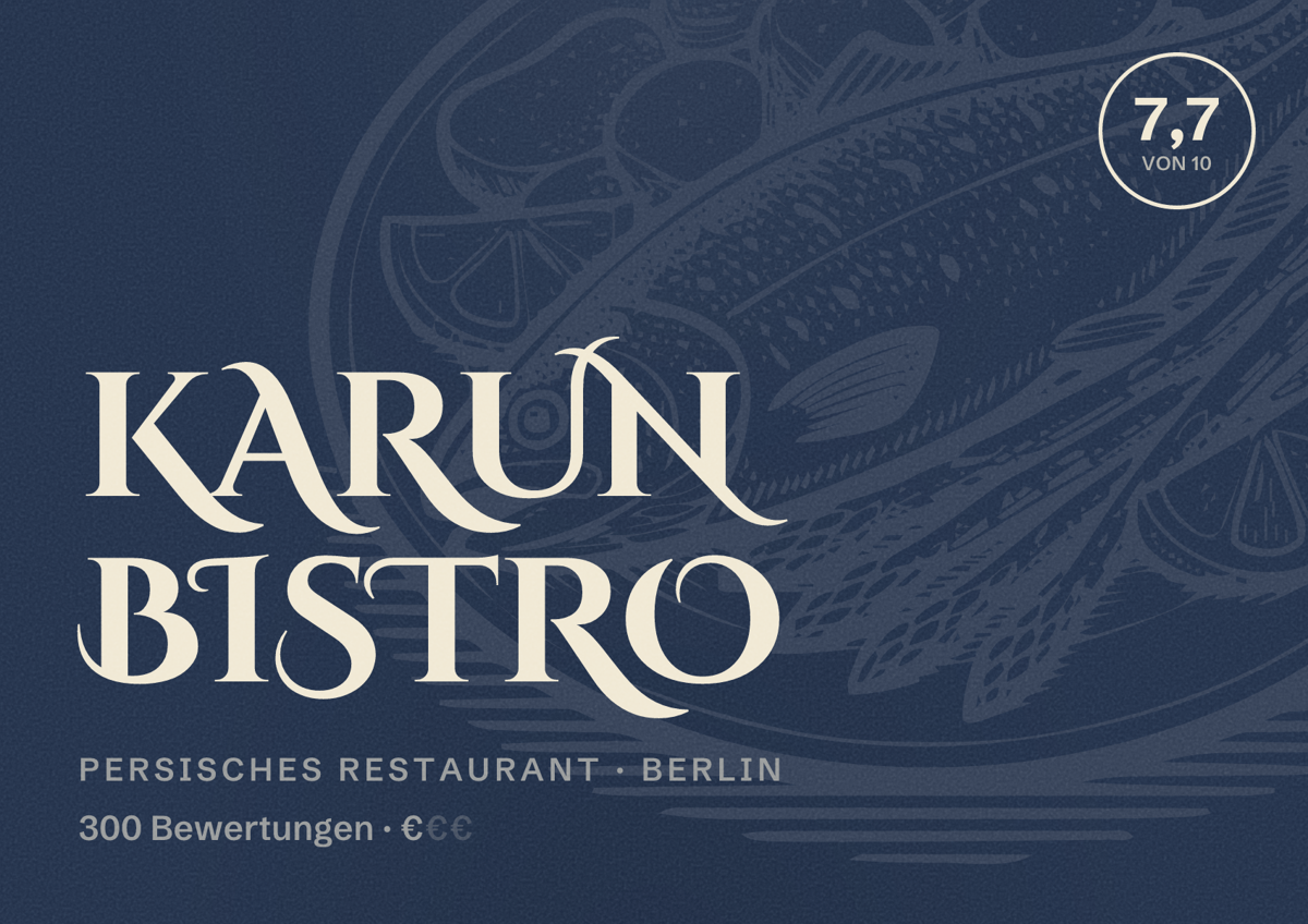 Illustriertes Poster von Karun Bistro, Persisches Restaurant in Berlin: Bewertung 7,7 von 10 aus 300 Bewertungen, Preisniveau €
