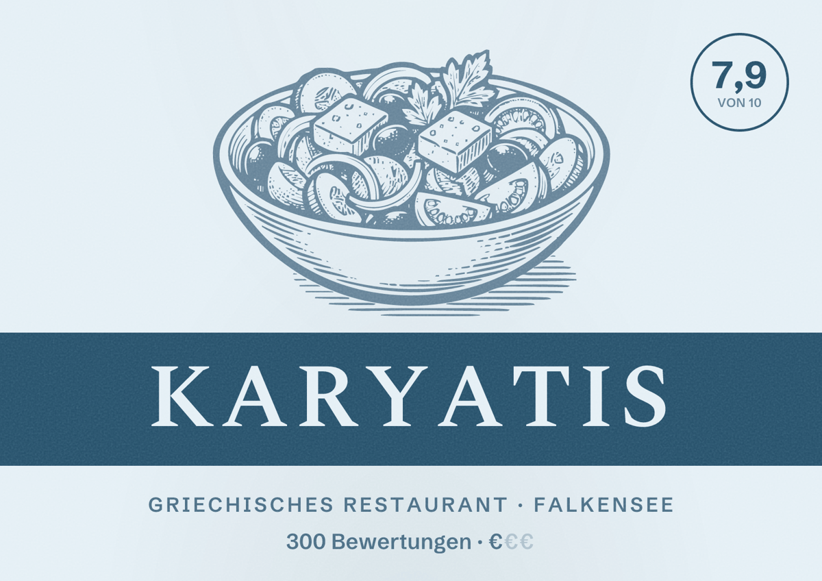 Illustriertes Poster von Karyatis, Griechisches Restaurant in Falkensee: Bewertung 7,9 von 10 aus 300 Bewertungen, Preisniveau €