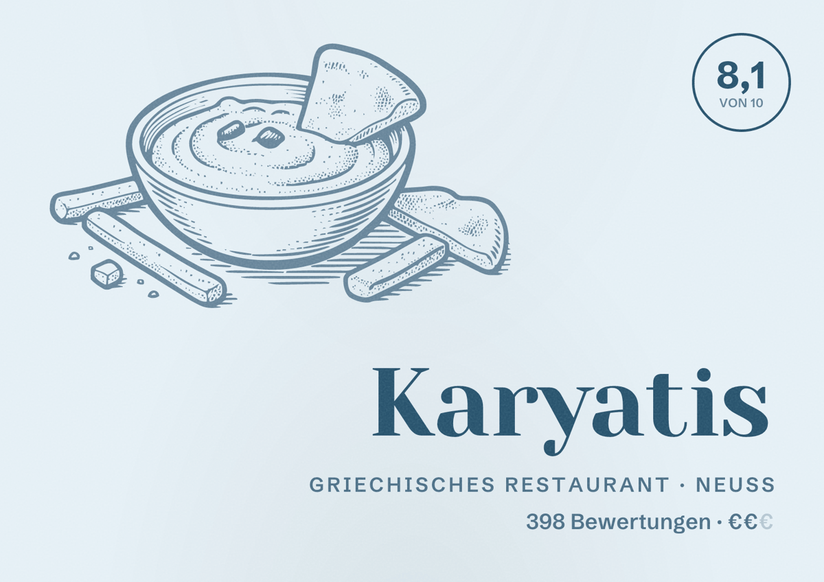 Illustriertes Poster von Karyatis, Griechisches Restaurant in Neuss: Bewertung 8,1 von 10 aus 398 Bewertungen, Preisniveau €€