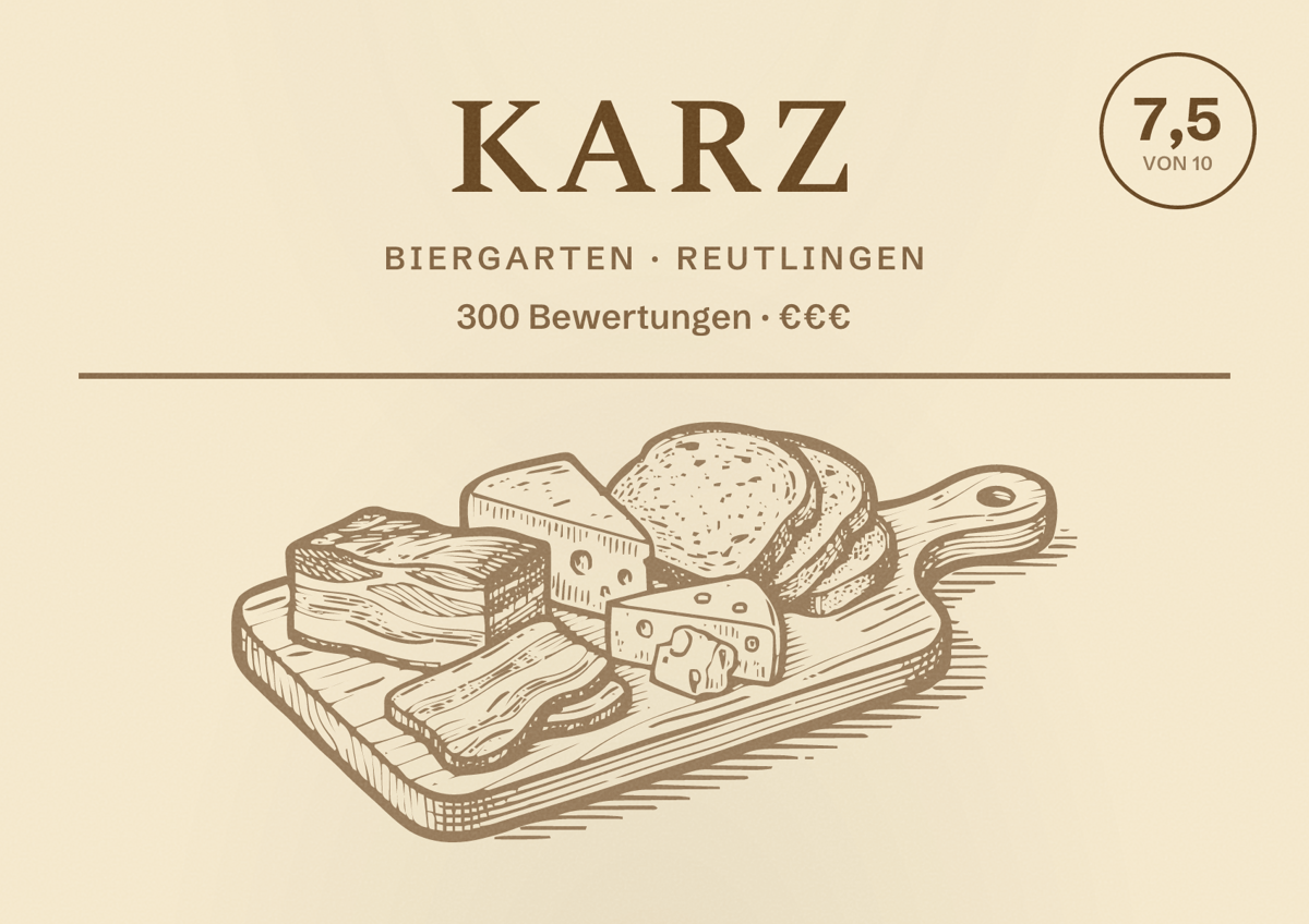 Illustriertes Poster von Karz, Biergarten in Reutlingen: Bewertung 7,5 von 10 aus 300 Bewertungen, Preisniveau €€€