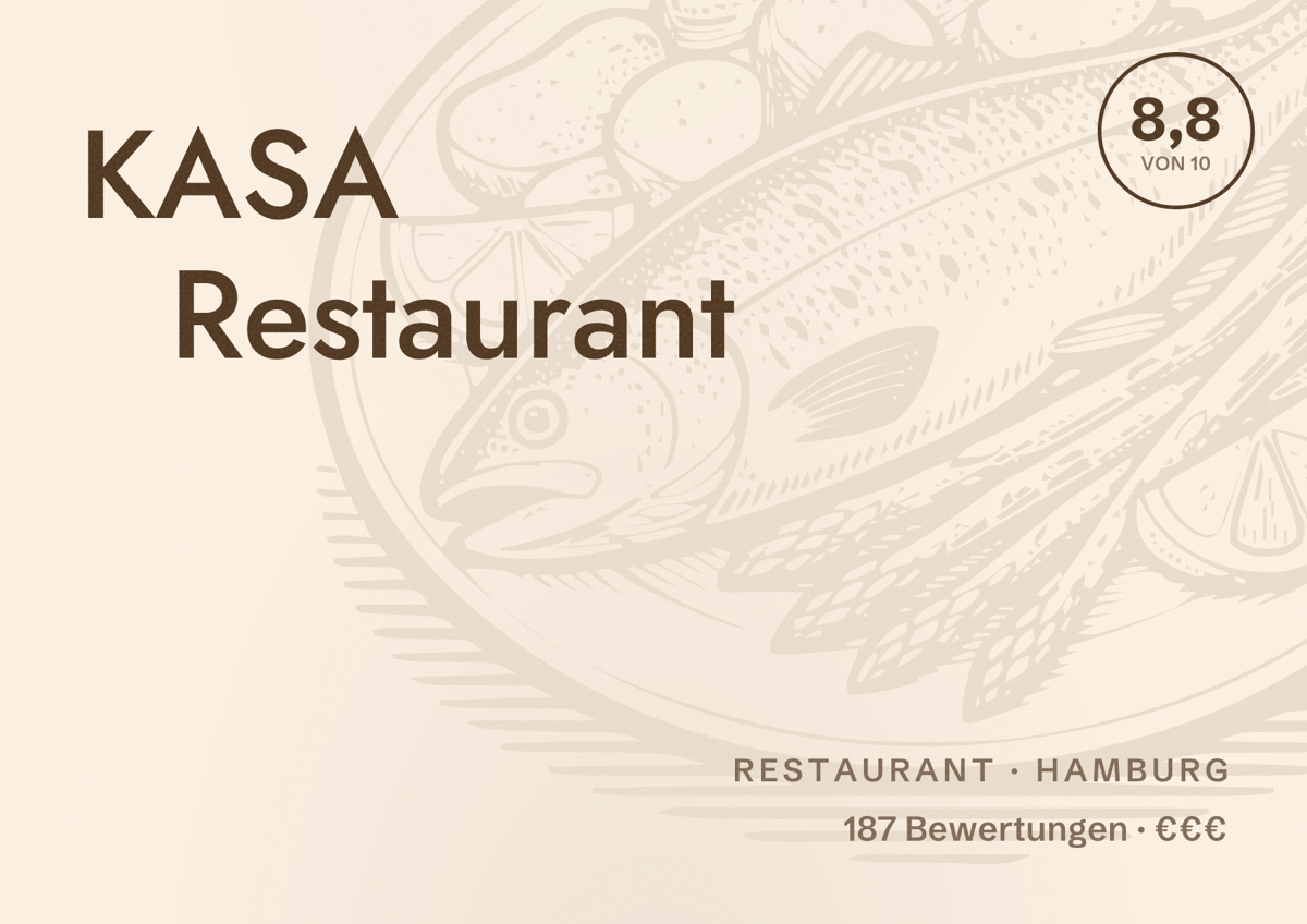 Illustriertes Poster von KASA Restaurant, Restaurant in Hamburg: Bewertung 8,8 von 10 aus 187 Bewertungen, Preisniveau €€€