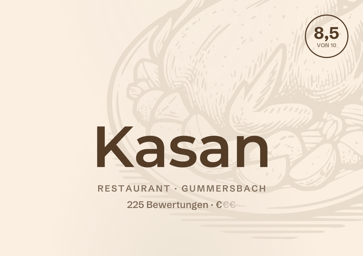 Illustriertes Poster von Kasan, Restaurant in Gummersbach: Bewertung 8,5 von 10 aus 225 Bewertungen, Preisniveau €
