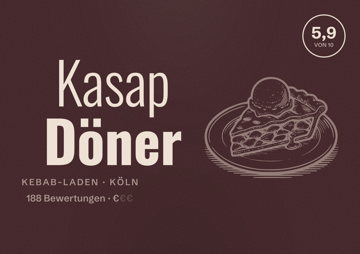 Illustriertes Poster von Kasap Döner, Kebab-Laden in Köln: Bewertung 5,9 von 10 aus 188 Bewertungen, Preisniveau €