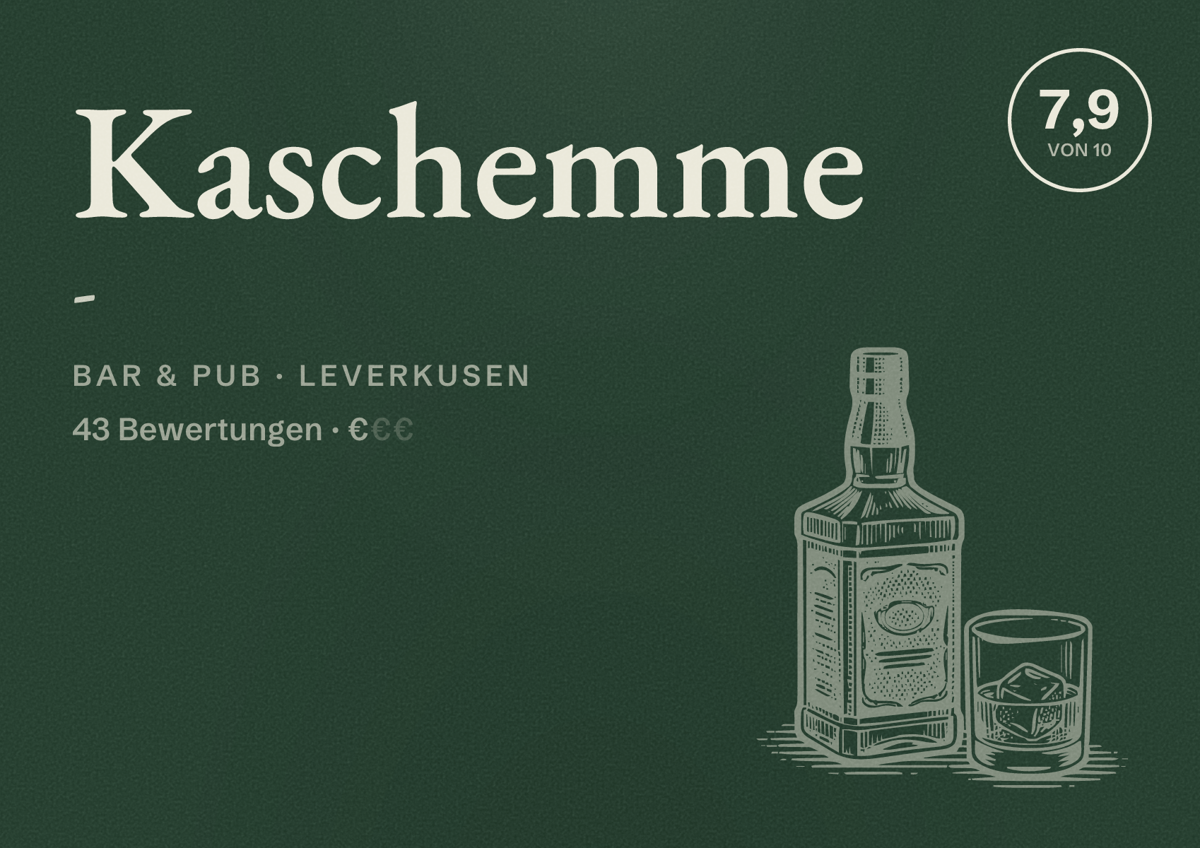 Illustriertes Poster von Kaschemme -, Bar & Pub in Leverkusen: Bewertung 7,9 von 10 aus 43 Bewertungen, Preisniveau €