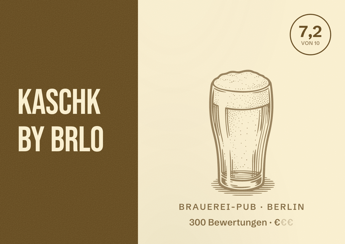 Illustriertes Poster von KASCHK by BRLO, Brauerei-Pub in Berlin: Bewertung 7,2 von 10 aus 300 Bewertungen, Preisniveau €