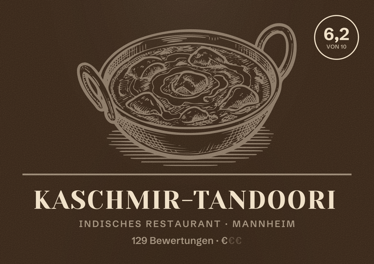 Illustriertes Poster von Kaschmir-Tandoori, Indisches Restaurant in Mannheim: Bewertung 6,2 von 10 aus 129 Bewertungen, Preisniveau €