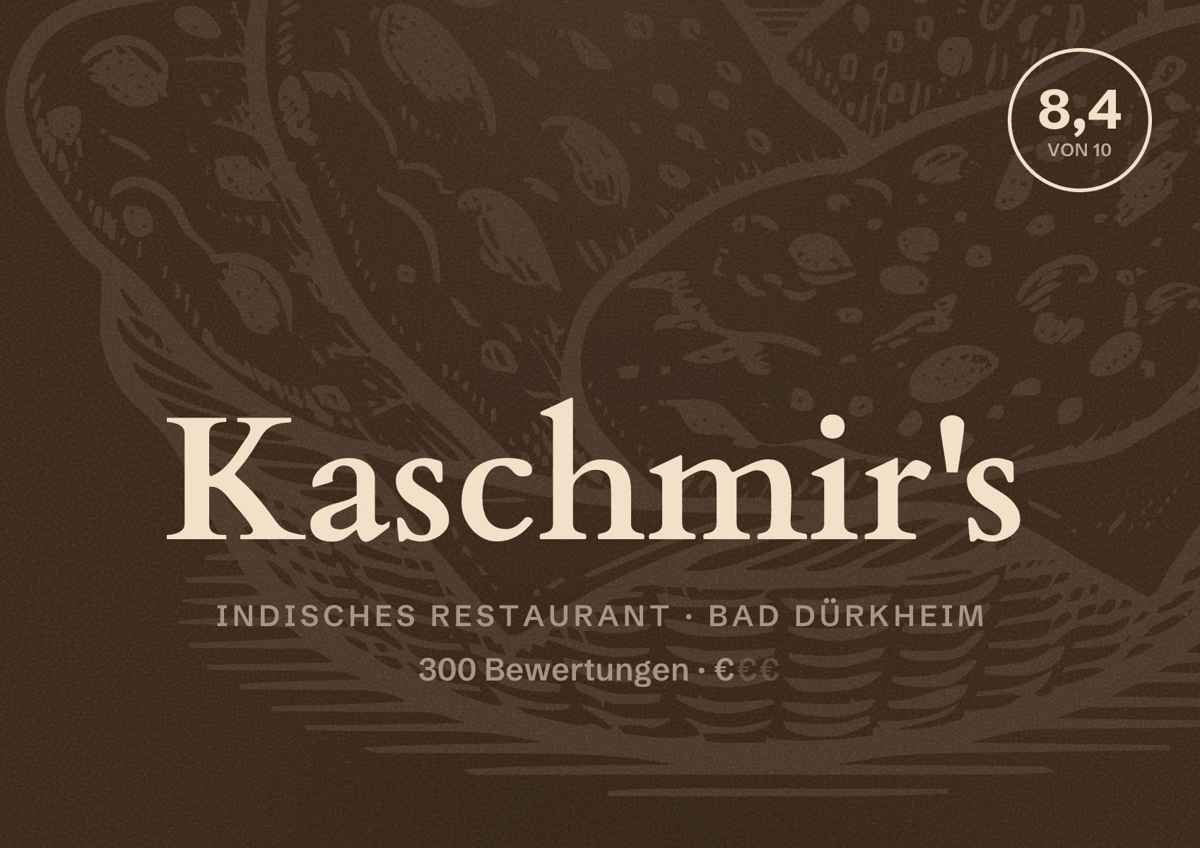 Illustriertes Poster von Kaschmir's, Indisches Restaurant in Bad Dürkheim: Bewertung 8,4 von 10 aus 300 Bewertungen, Preisniveau €