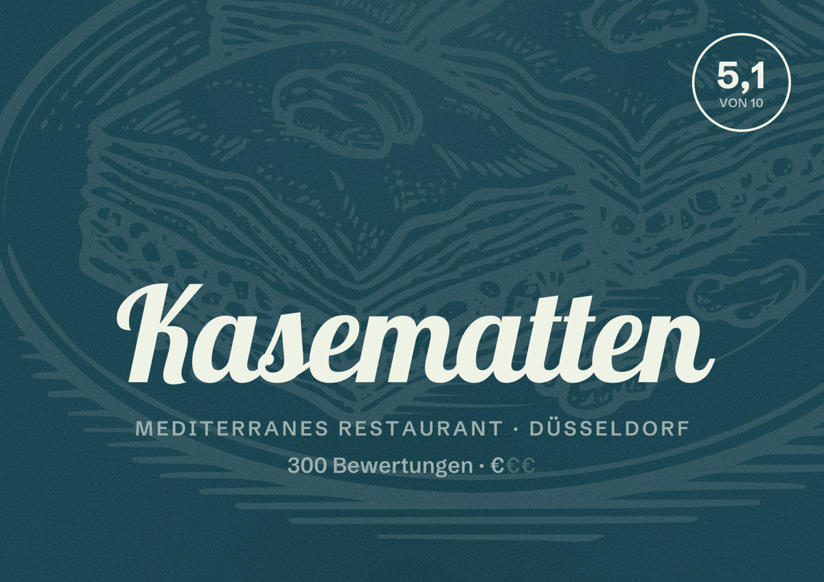 Illustriertes Poster von Kasematten, Mediterranes Restaurant in Düsseldorf: Bewertung 5,1 von 10 aus 300 Bewertungen, Preisniveau €