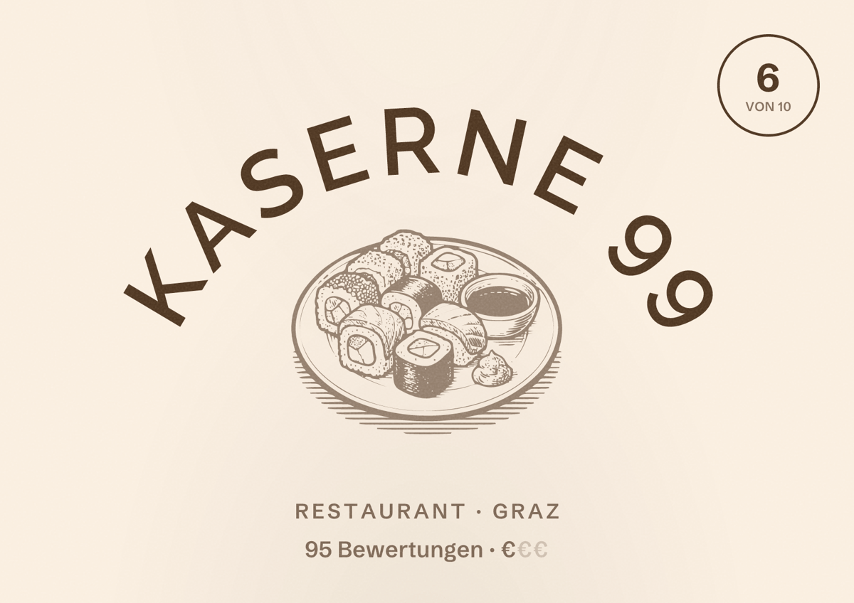Illustriertes Poster von Kaserne 99, Restaurant in Graz: Bewertung 6 von 10 aus 95 Bewertungen, Preisniveau €