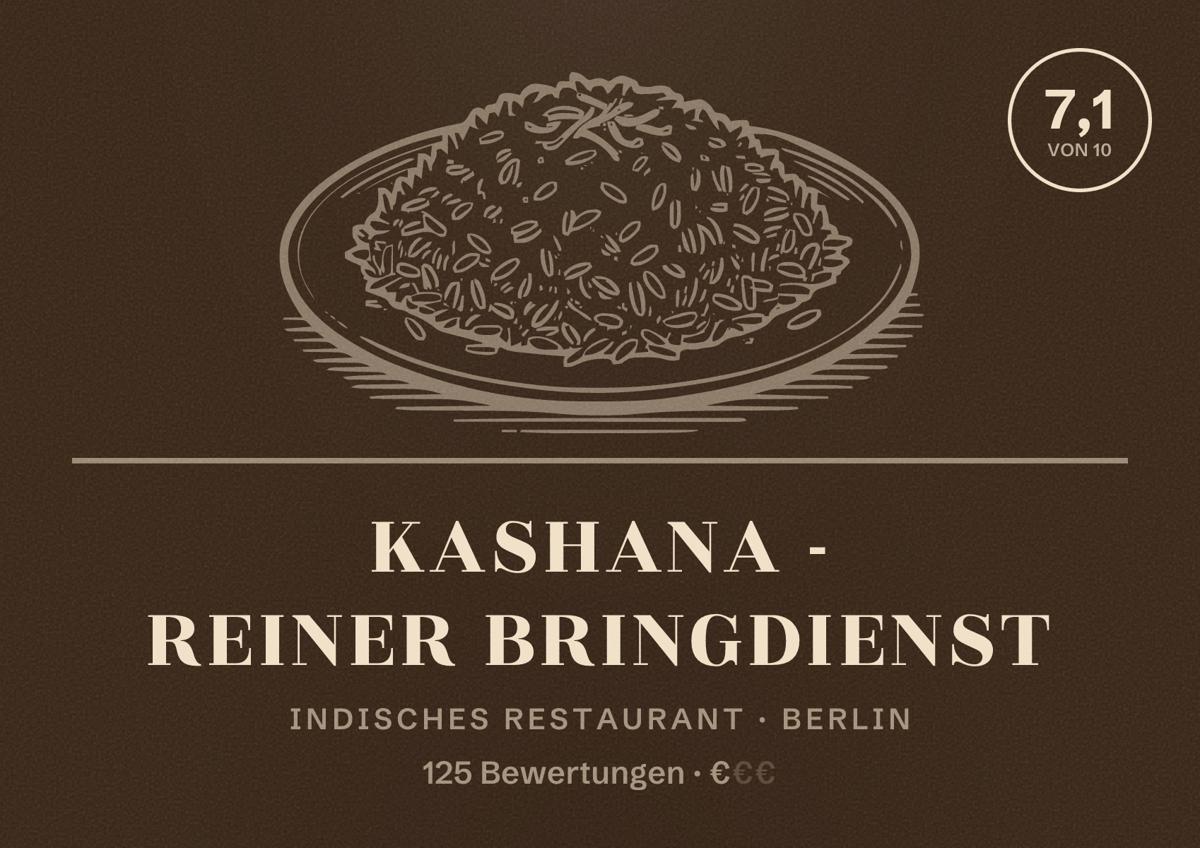 Illustriertes Poster von Kashana - reiner Bringdienst, Indisches Restaurant in Berlin: Bewertung 7,1 von 10 aus 125 Bewertungen, Preisniveau €