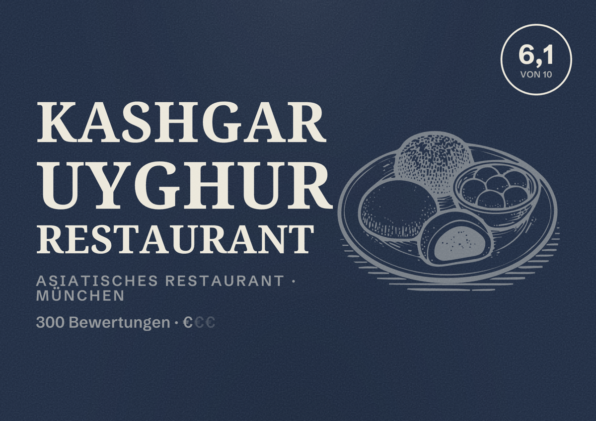 Illustriertes Poster von Kashgar Uyghur Restaurant, Asiatisches Restaurant in München: Bewertung 6,1 von 10 aus 300 Bewertungen, Preisniveau €