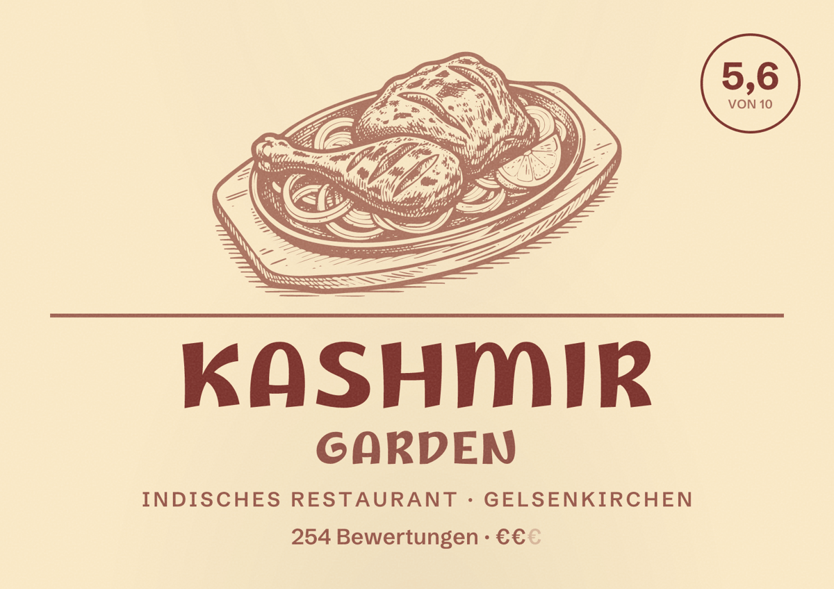Illustriertes Poster von Kashmir Garden, Indisches Restaurant in Gelsenkirchen: Bewertung 5,6 von 10 aus 254 Bewertungen, Preisniveau €€