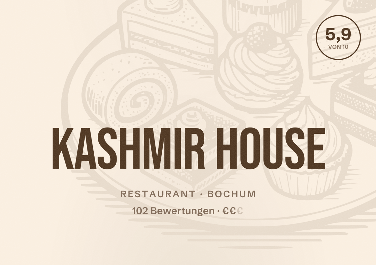 Illustriertes Poster von Kashmir House, Restaurant in Bochum: Bewertung 5,9 von 10 aus 102 Bewertungen, Preisniveau €€