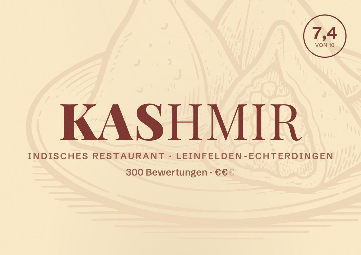 Illustriertes Poster von Kashmir, Indisches Restaurant in Leinfelden-Echterdingen: Bewertung 7,4 von 10 aus 300 Bewertungen, Preisniveau €€