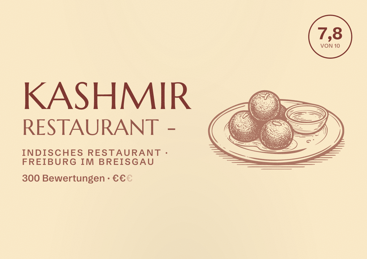 Illustriertes Poster von Kashmir Restaurant -, Indisches Restaurant in Freiburg im Breisgau: Bewertung 7,8 von 10 aus 300 Bewertungen, Preisniveau €€
