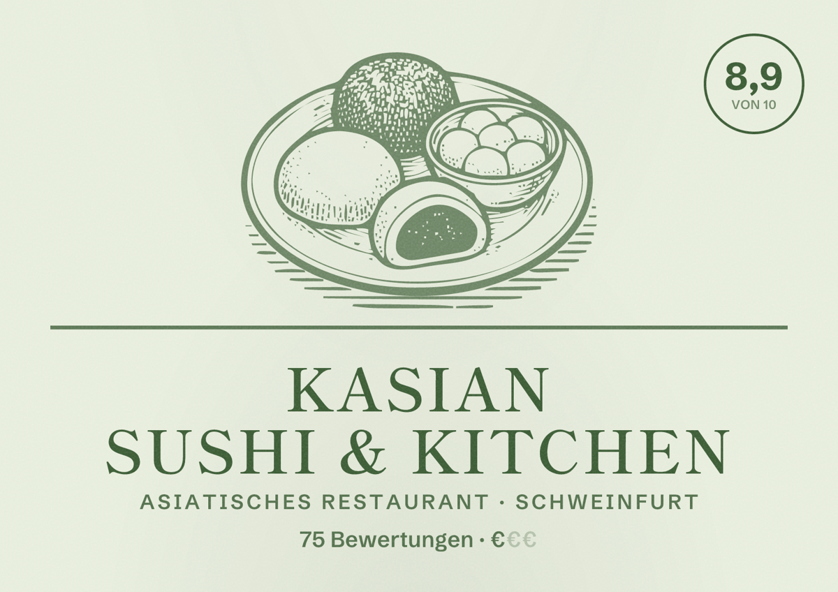 Illustriertes Poster von Kasian Sushi & Kitchen, Asiatisches Restaurant in Schweinfurt: Bewertung 8,9 von 10 aus 75 Bewertungen, Preisniveau €