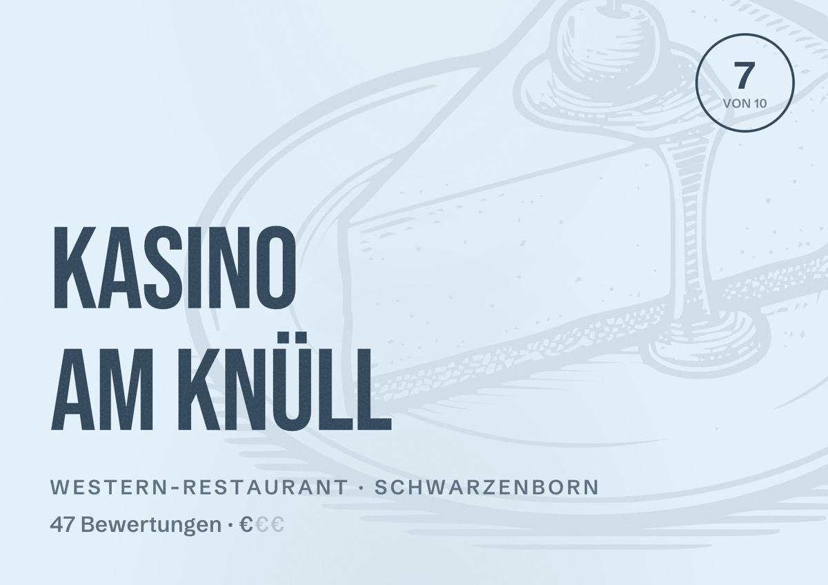Illustriertes Poster von Kasino am Knüll, Western-Restaurant in Schwarzenborn: Bewertung 7 von 10 aus 47 Bewertungen, Preisniveau €