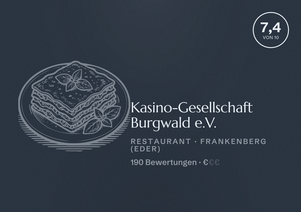 Illustriertes Poster von Kasino-Gesellschaft Burgwald e.V., Restaurant in Frankenberg (Eder): Bewertung 7,4 von 10 aus 190 Bewertungen, Preisniveau €