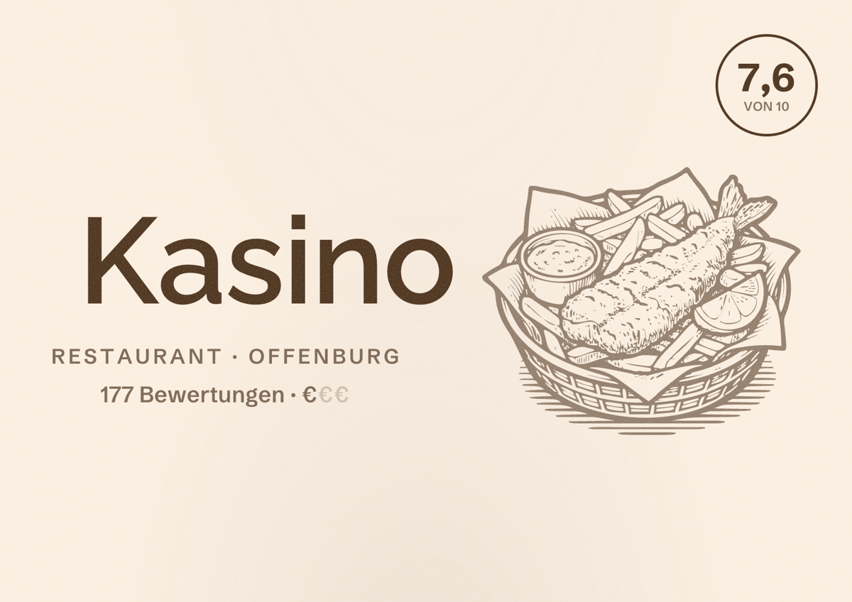 Illustriertes Poster von Kasino, Restaurant in Offenburg: Bewertung 7,6 von 10 aus 177 Bewertungen, Preisniveau €