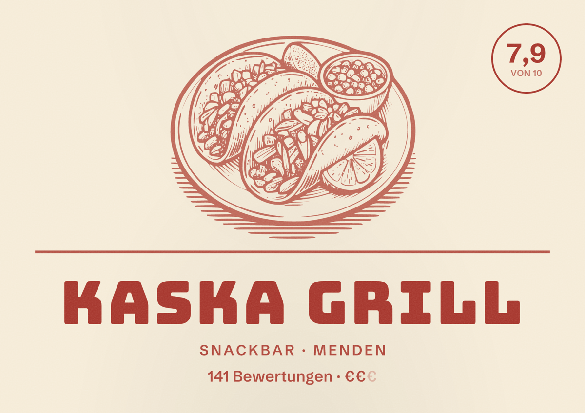 Illustriertes Poster von Kaska Grill, Snackbar in Menden: Bewertung 7,9 von 10 aus 141 Bewertungen, Preisniveau €€