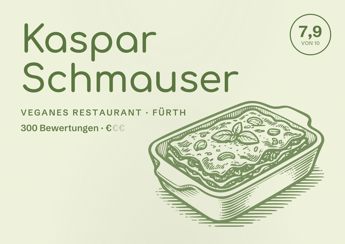 Illustriertes Poster von Kaspar Schmauser, Veganes Restaurant in Fürth: Bewertung 7,9 von 10 aus 300 Bewertungen, Preisniveau €