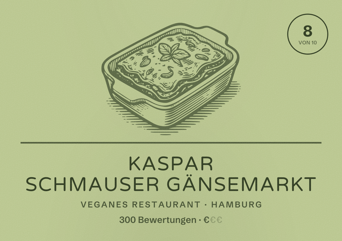 Illustriertes Poster von Kaspar Schmauser Gänsemarkt, Veganes Restaurant in Hamburg: Bewertung 8,0 von 10 aus 300 Bewertungen, Preisniveau €