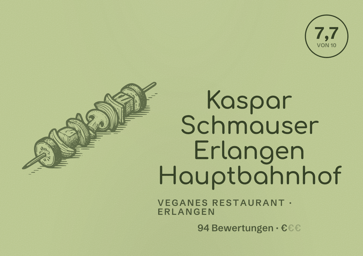 Illustriertes Poster von Kaspar Schmauser Erlangen Hauptbahnhof, Veganes Restaurant in Erlangen: Bewertung 7,7 von 10 aus 94 Bewertungen, Preisniveau €