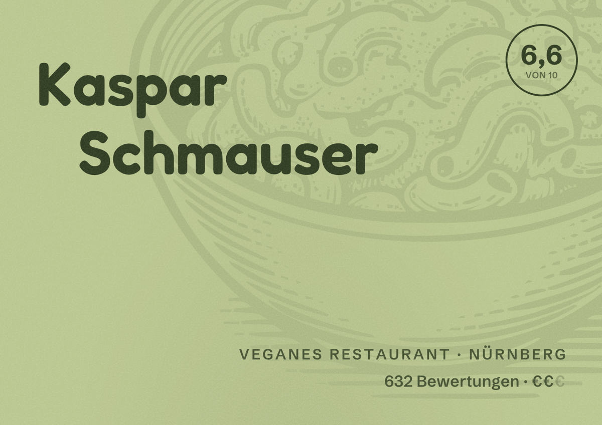 Illustriertes Poster von Kaspar Schmauser, Veganes Restaurant in Nürnberg: Bewertung 6,6 von 10 aus 632 Bewertungen, Preisniveau €€