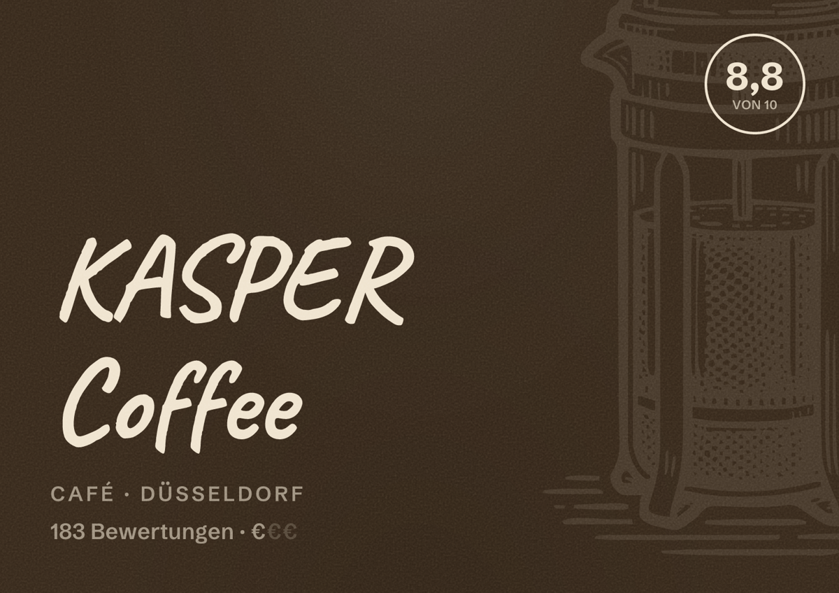 Illustriertes Poster von KASPER Coffee, Café in Düsseldorf: Bewertung 8,8 von 10 aus 183 Bewertungen, Preisniveau €