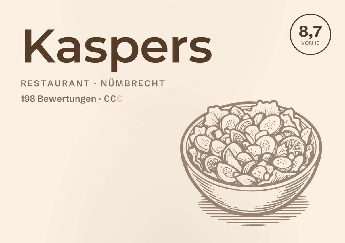 Illustriertes Poster von Kaspers, Restaurant in Nümbrecht: Bewertung 8,7 von 10 aus 198 Bewertungen, Preisniveau €€