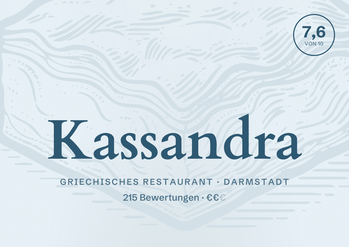 Illustriertes Poster von Kassandra, Griechisches Restaurant in Darmstadt: Bewertung 7,6 von 10 aus 215 Bewertungen, Preisniveau €€
