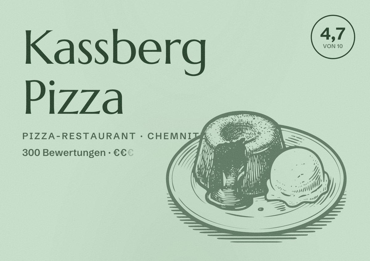 Illustriertes Poster von Kassberg Pizza, Pizza-Restaurant in Chemnitz: Bewertung 4,7 von 10 aus 300 Bewertungen, Preisniveau €€