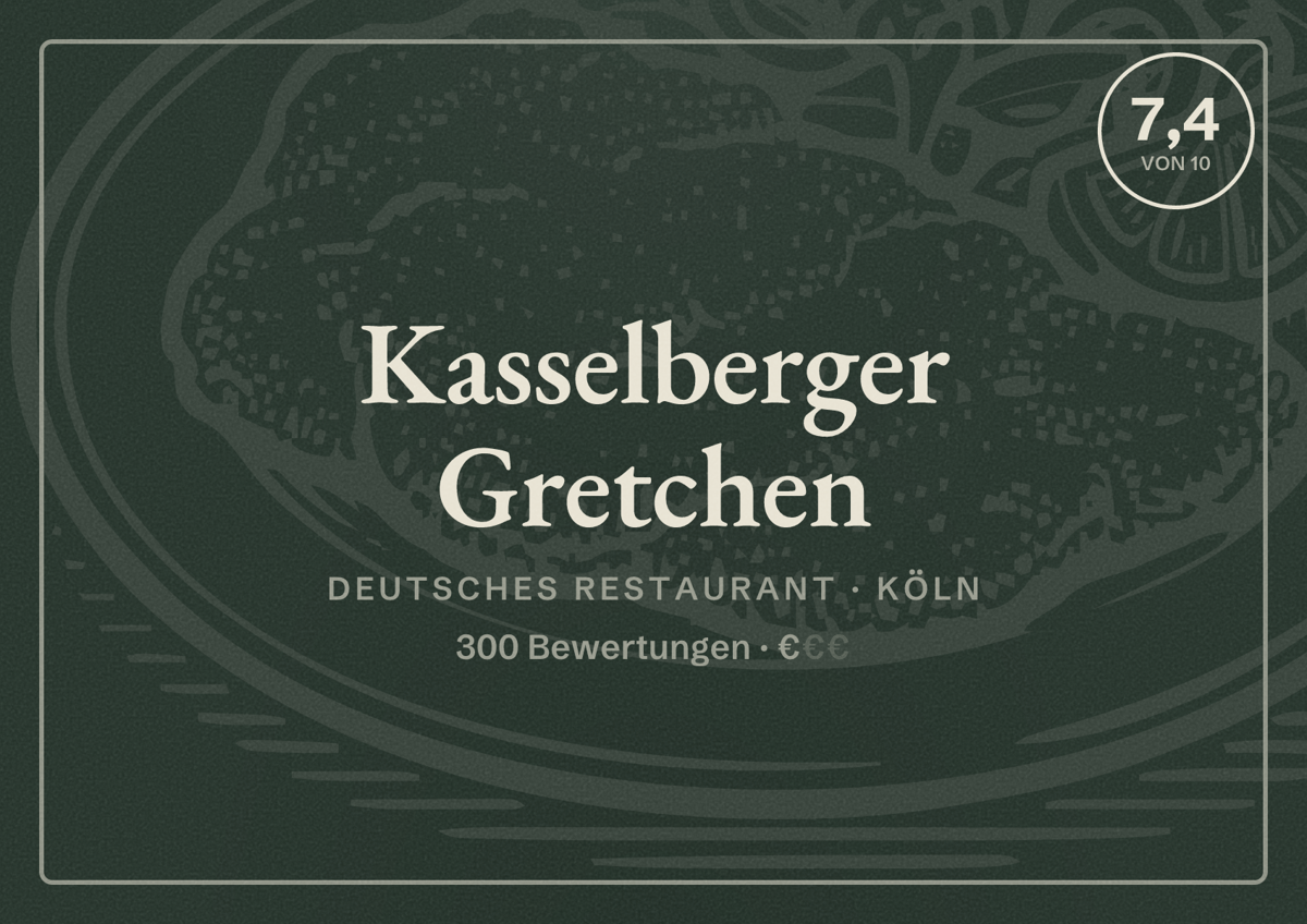 Illustriertes Poster von Kasselberger Gretchen, Deutsches Restaurant in Köln: Bewertung 7,4 von 10 aus 300 Bewertungen, Preisniveau €