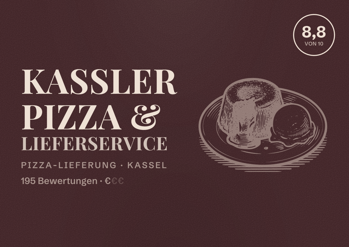 Illustriertes Poster von Kassler Pizza & Lieferservice, Pizza-Lieferung in Kassel: Bewertung 8,8 von 10 aus 195 Bewertungen, Preisniveau €