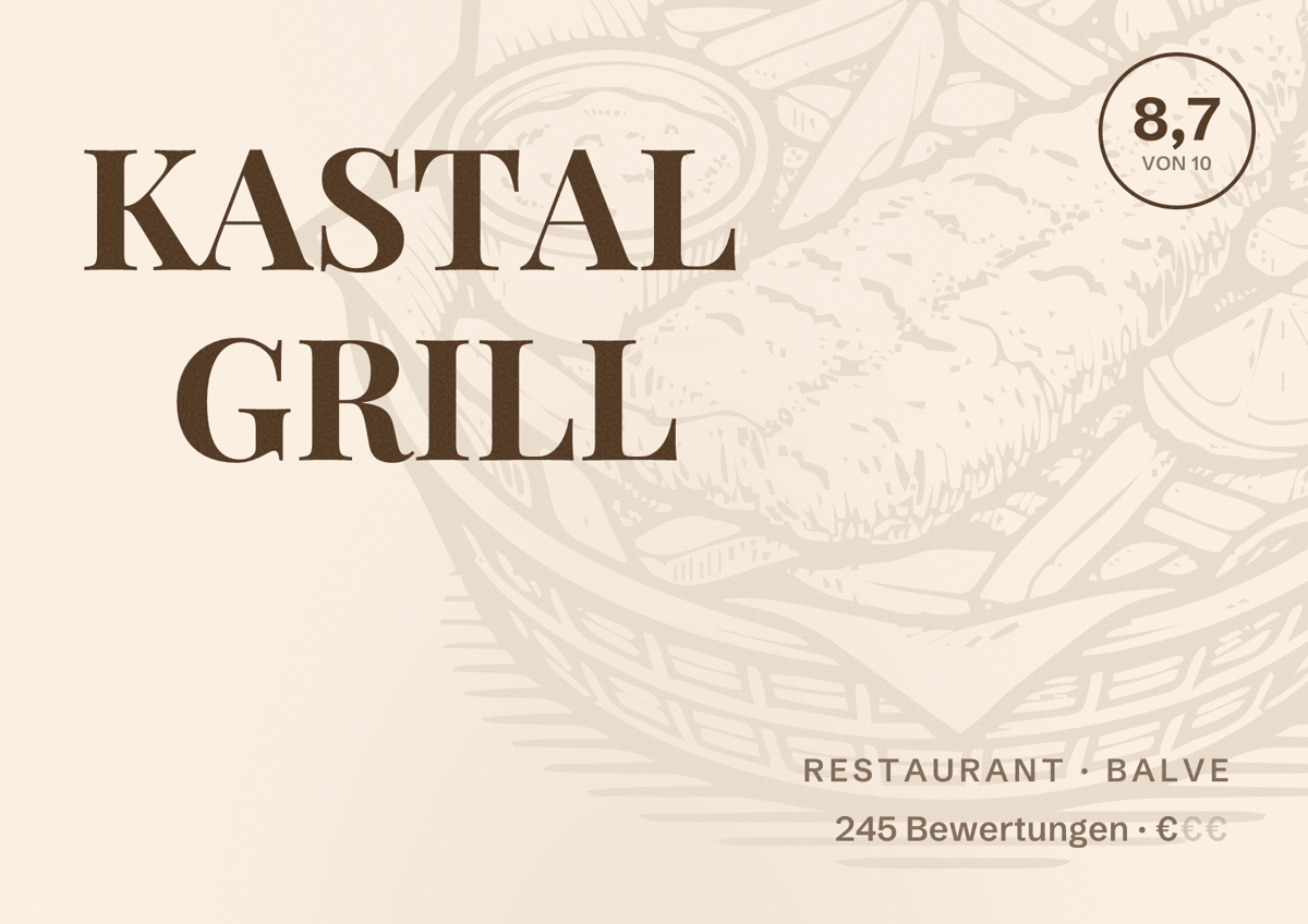 Illustriertes Poster von KASTAL GRILL, Restaurant in Balve: Bewertung 8,7 von 10 aus 245 Bewertungen, Preisniveau €