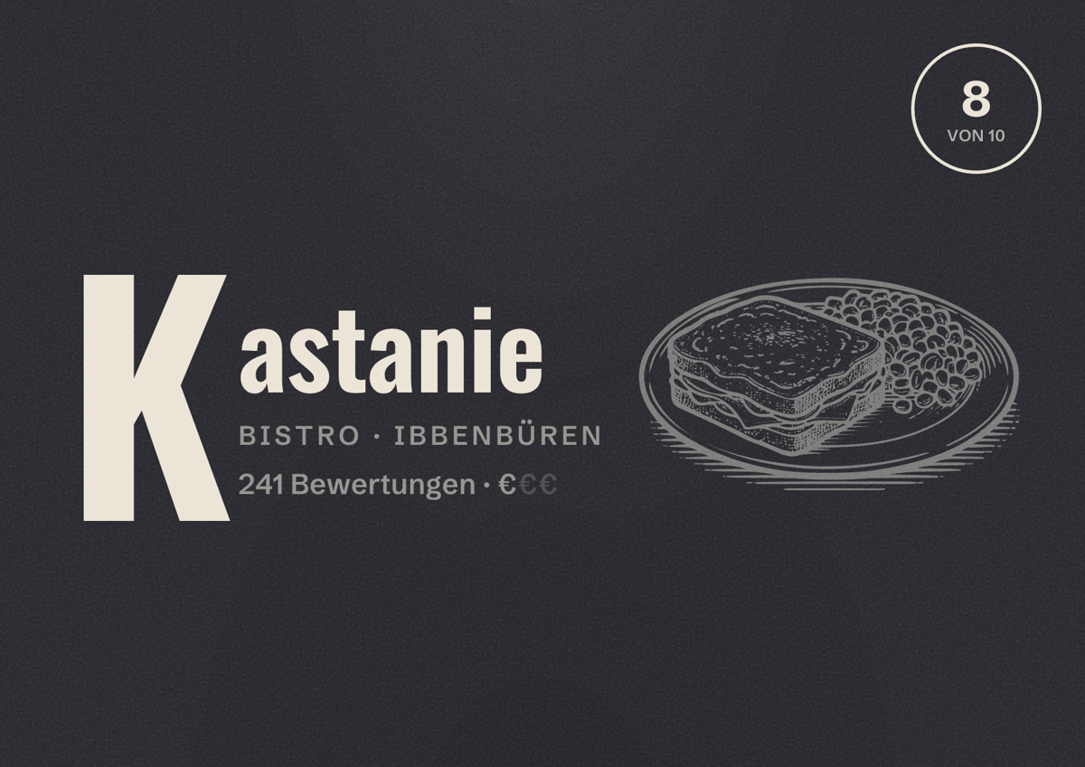 Illustriertes Poster von Kastanie, Bistro in Ibbenbüren: Bewertung 8 von 10 aus 241 Bewertungen, Preisniveau €