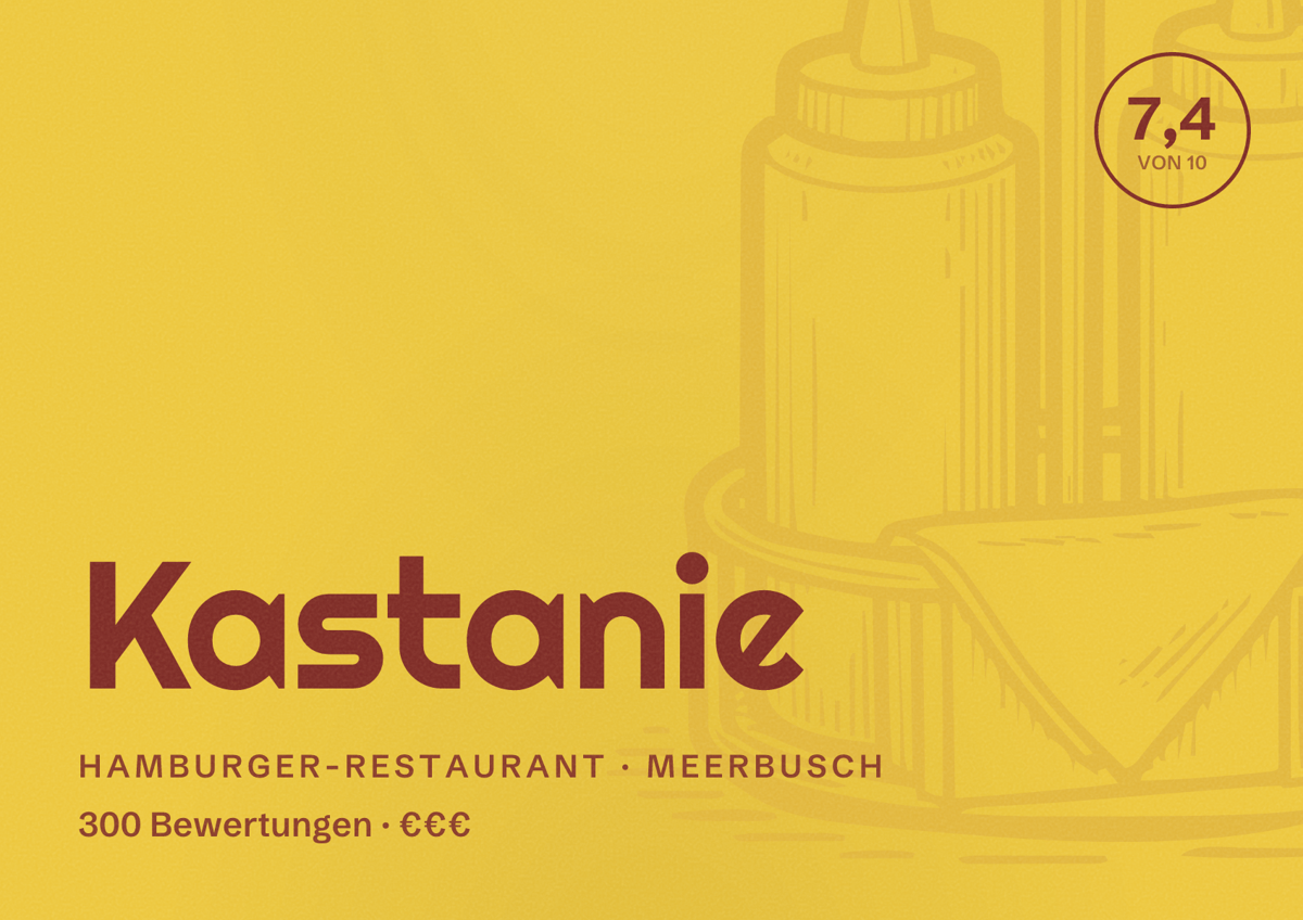 Illustriertes Poster von Kastanie, Hamburger-Restaurant in Meerbusch: Bewertung 7,4 von 10 aus 300 Bewertungen, Preisniveau €€€