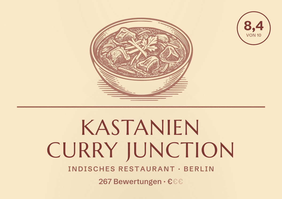 Illustriertes Poster von Kastanien Curry Junction, Indisches Restaurant in Berlin: Bewertung 8,4 von 10 aus 267 Bewertungen, Preisniveau €