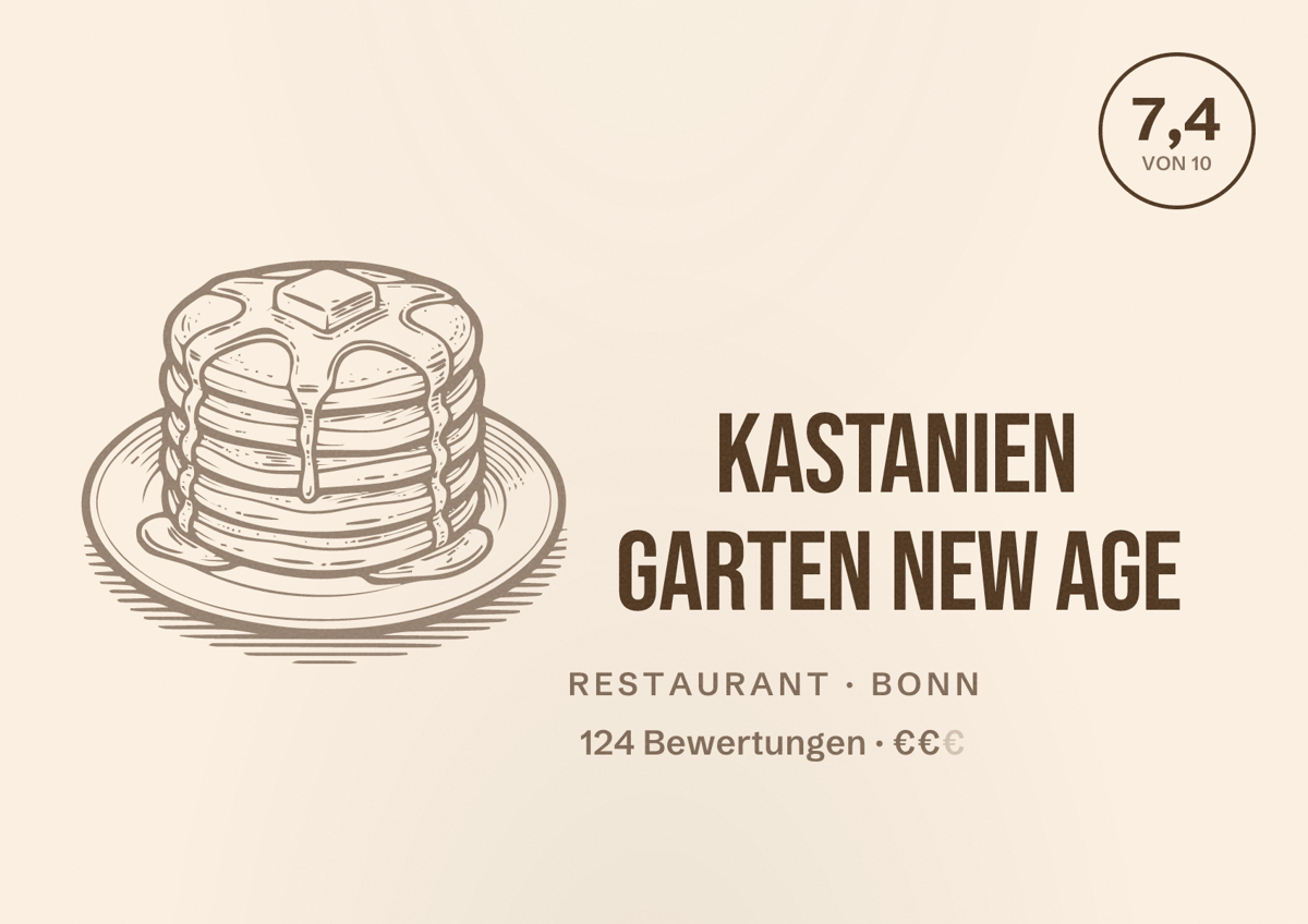 Illustriertes Poster von Kastanien Garten New Age, Restaurant in Bonn: Bewertung 7,4 von 10 aus 124 Bewertungen, Preisniveau €€